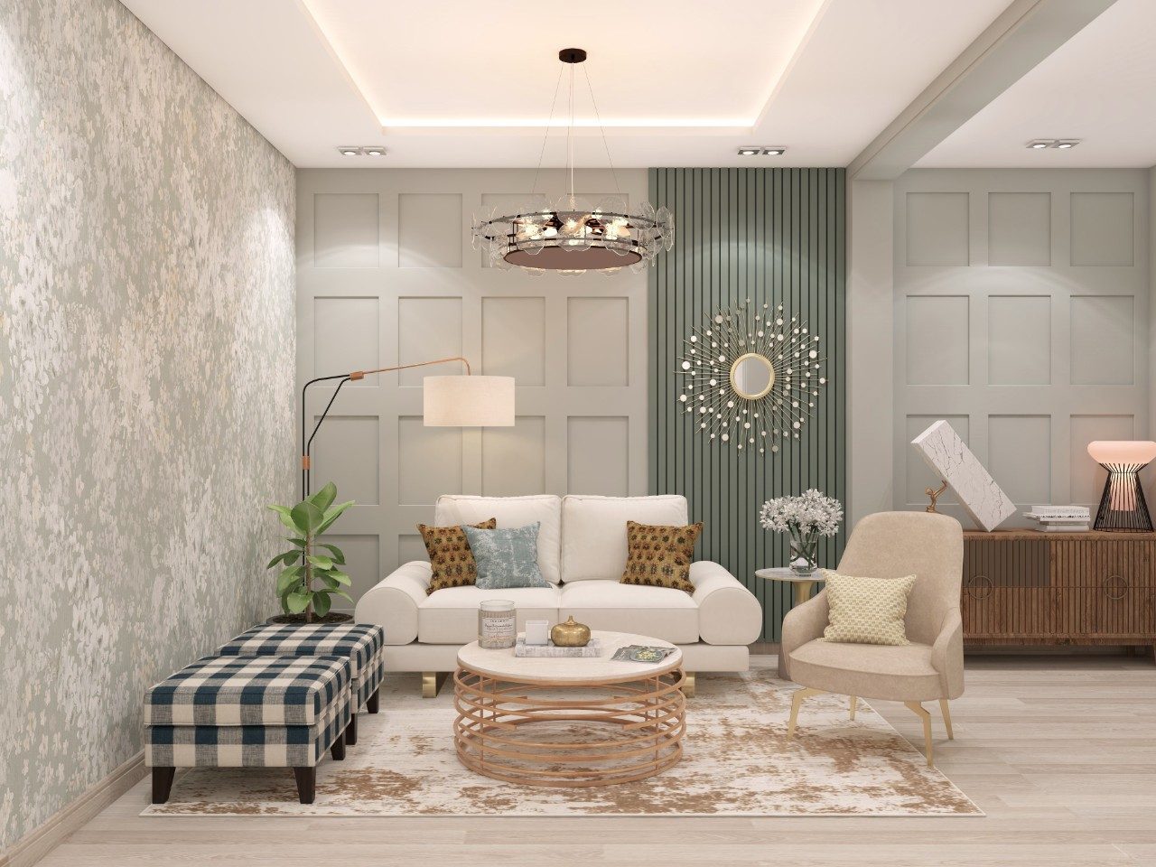 A lovely light-hued living room with a high ceiling is completed with a long a chandelier