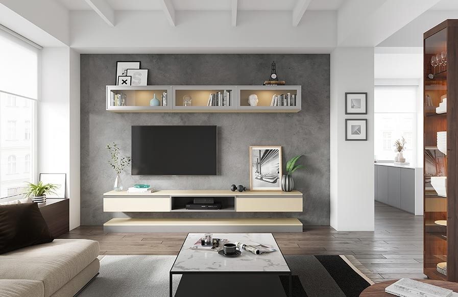 A multi-purpose living room storage unit with a tv, study and shelves