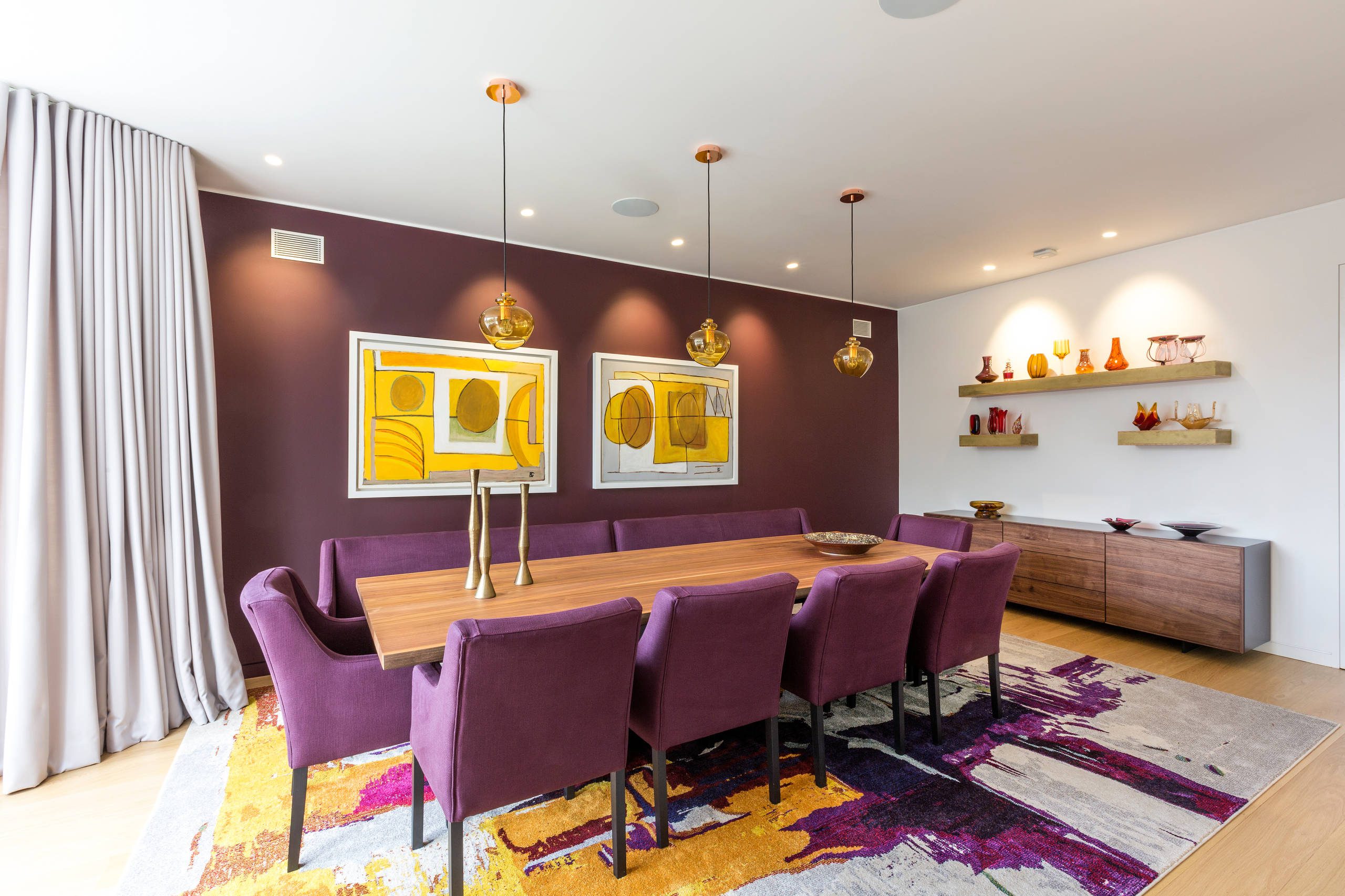 Yellow, Purple and White Colour Scheme for Dining Room